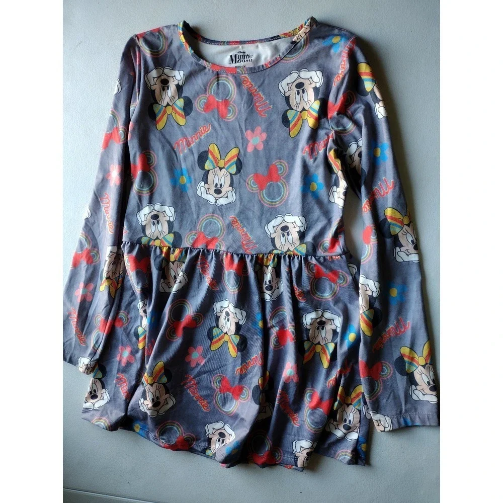 Disney Minnie Mouse Girls Gray Rainbow Bow‎ Long Sleeve Empire Waist Dress XL/XG